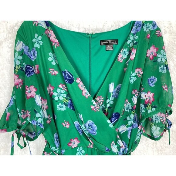 Jessica Howard Size 22W Green Floral Print Short Sleeve Belted Midi Dress - Picture 3 of 8